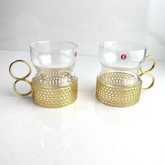Iittala Tsaikka glasses With Gold Clips Finland - Hot Drink Glasses Clear Cup - Picture 1 of 16